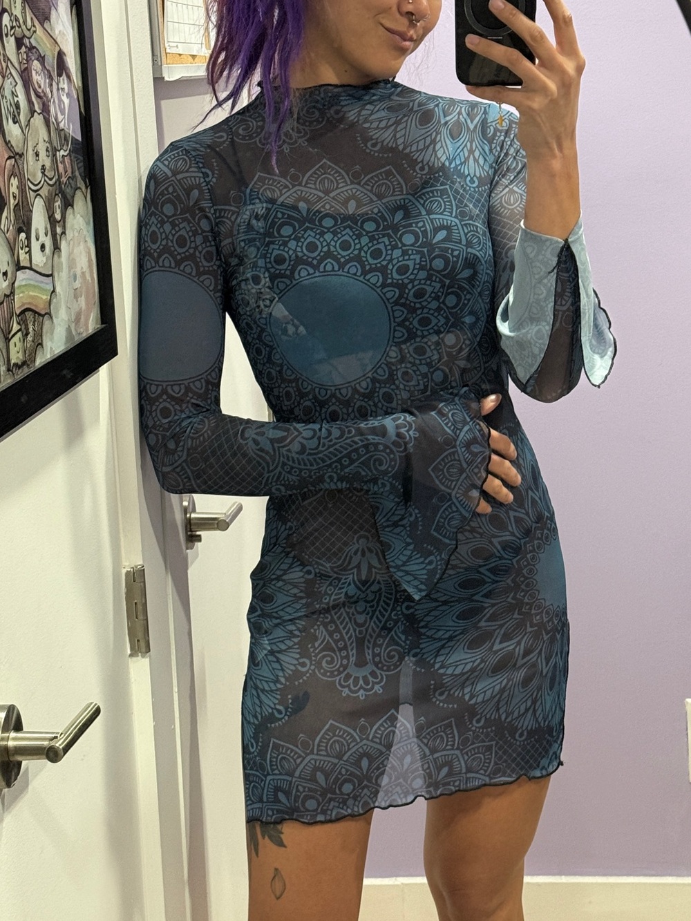 SHEIN Blue Mesh Abstract Long-Sleeve Mini Dress
